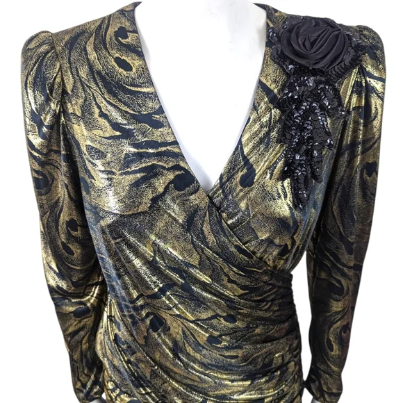 Vintage 80s Metallic Gold Party Dress Cocktail Party Evening Glam Disco Medium - Picture 2 of 10
